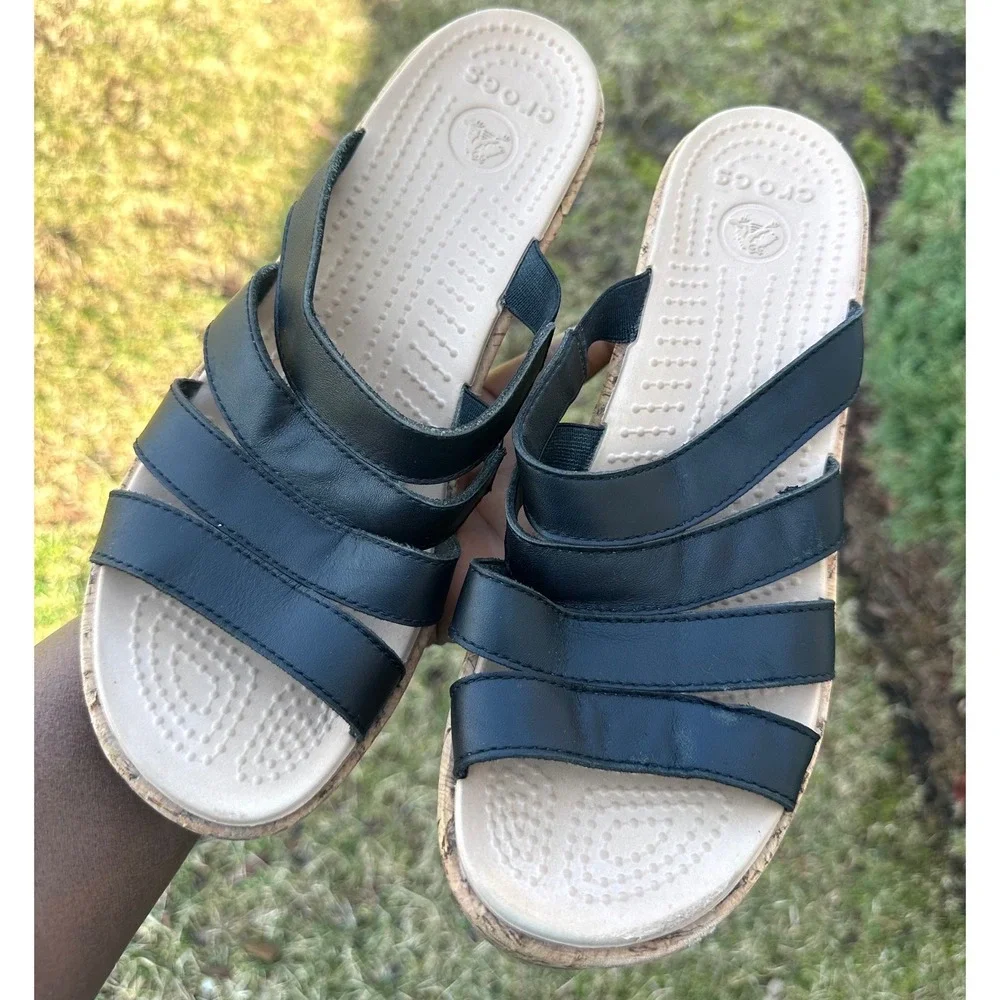 Crocs A-Leigh Leather Strappy Wedge Sandals Size‎ 9 Black Shoes